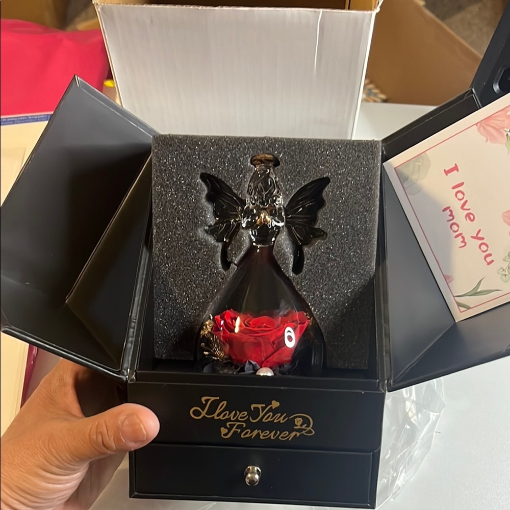 Elegant Black Angel Keepsake Box with Red Rose
